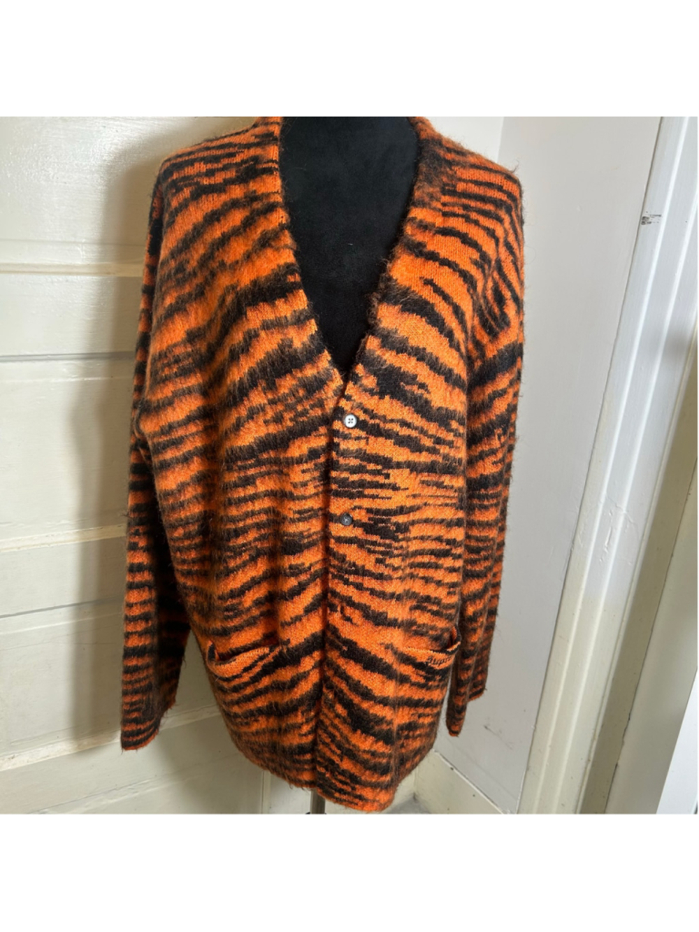 Men's Supreme Tiger Stripe Brushed Mohair Cardigan Sweater XL Orange Black